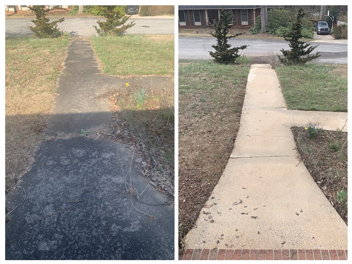 Before and after of a pressure washed walkway